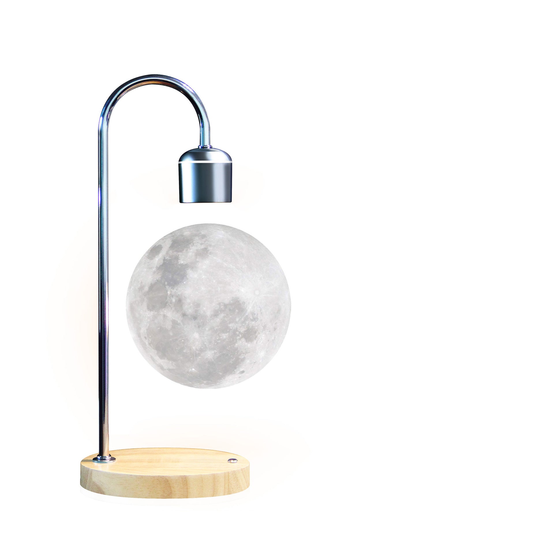 Levitating moon lamp with wooden base on a white background