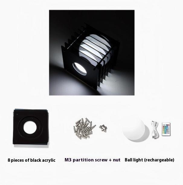 Black acrylic pieces, M3 partition screw and nut, and a rechargeable ball light on a white background.