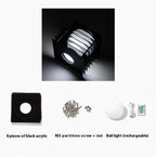 Black acrylic pieces, M3 partition screw and nut, and a rechargeable ball light on a white background.