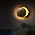 Moon-shaped wall light fixture on a dark wall with a plant in the foreground