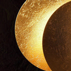 Close-up of a textured gold and bronze disc on a black background