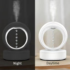 Humidifier shown in night and daytime settings with visible steam.
