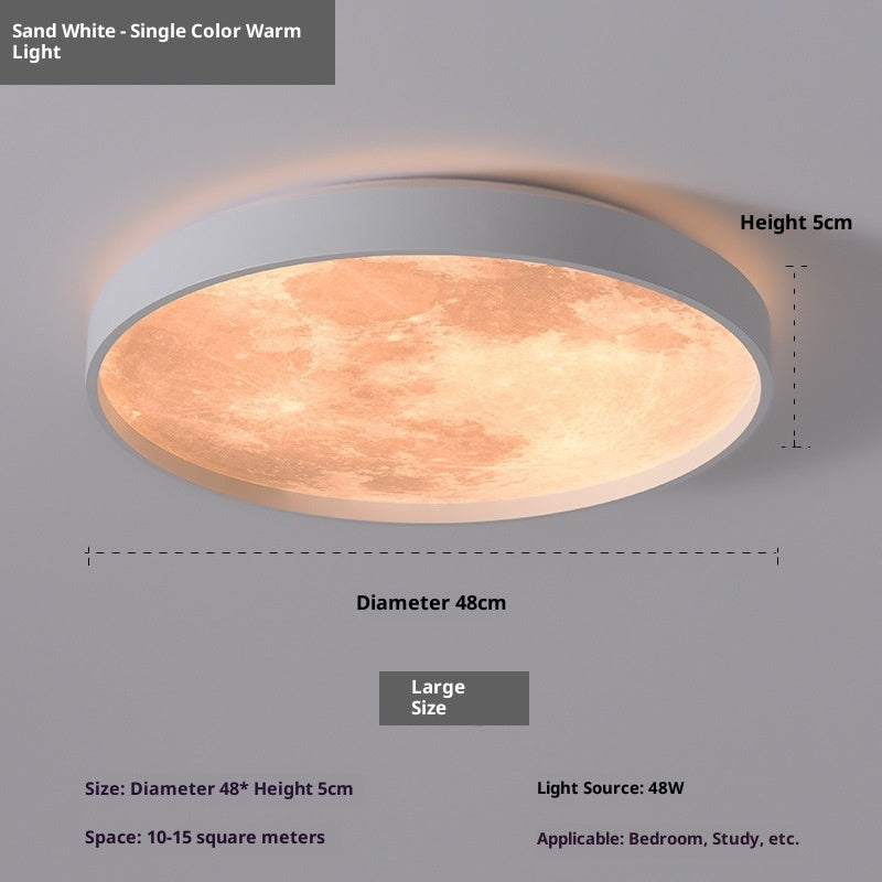 Ceiling light fixture with sand white finish, warm light, dimensions, and application information on a gray background.
