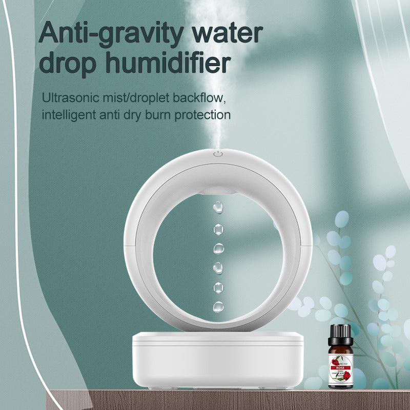Anti-gravity water drop humidifier with text on a light blue background