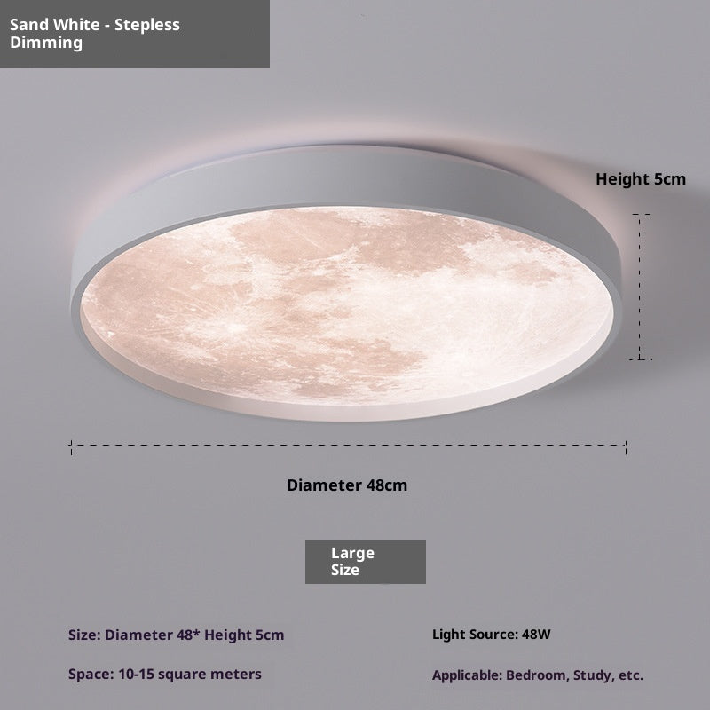 Ceiling light fixture with sand white finish, stepless dimming, dimensions, and application information on a gray background.