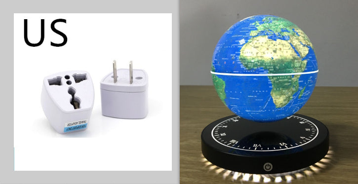 Two travel adapters on the left and a rotating globe on the right.