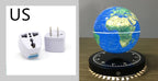 Two travel adapters on the left and a rotating globe on the right.