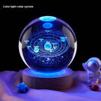 Solar system model in a crystal ball with an astronaut figure and stars on a dark background